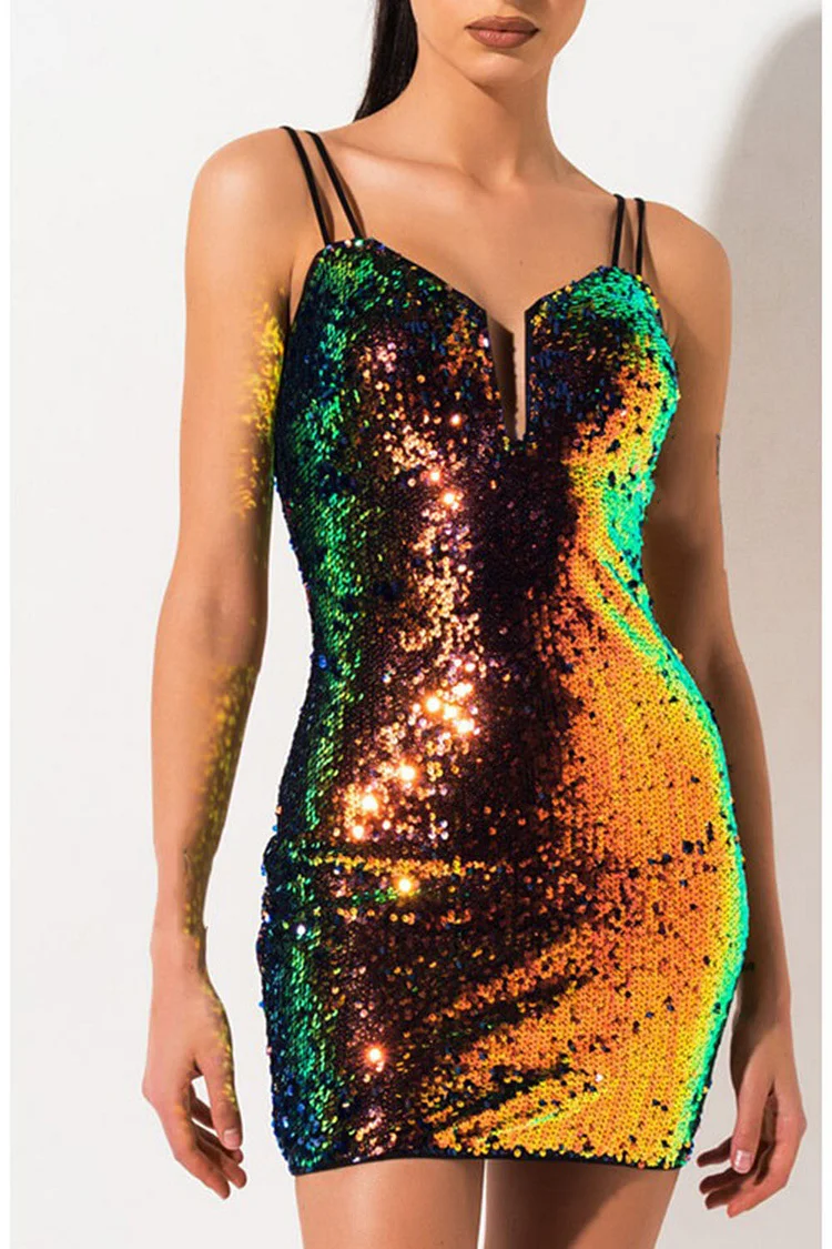 Party Gradient Color Cami Bodycon Sequin Mini Dress-Green