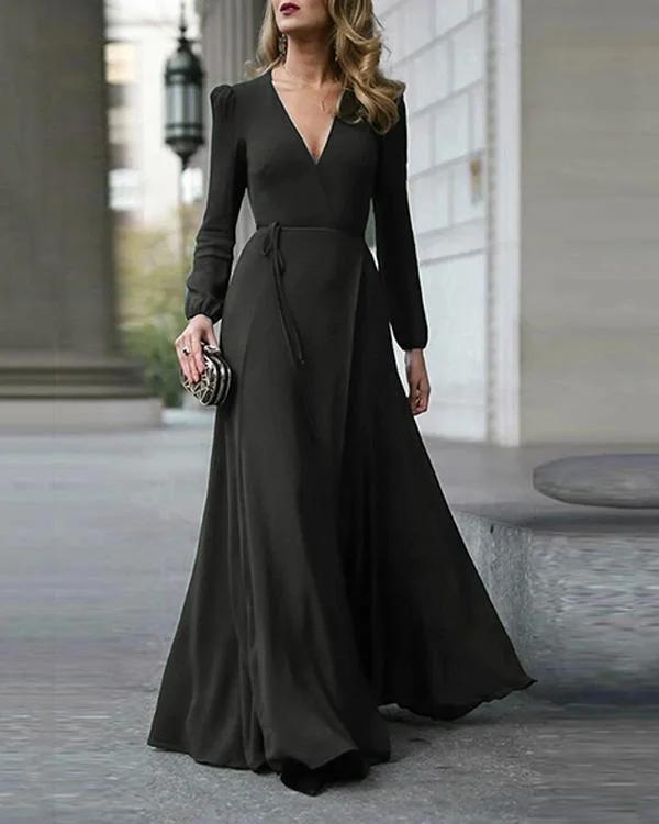 V-Neck Solid Color Maxi Dress