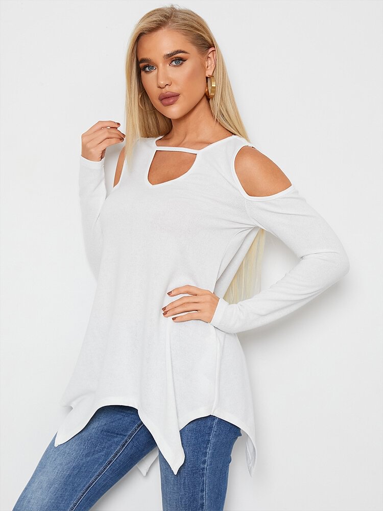 Solid Off The Shoulder Irregular Long Sleeve Casual T-shirt - Life is Beautiful for You - SheChoic