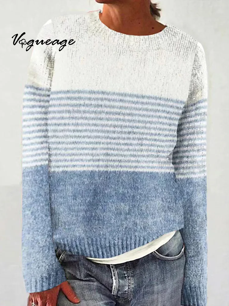Simple Striped Puzzle Loose Fashion Pullover Knitted Sweater