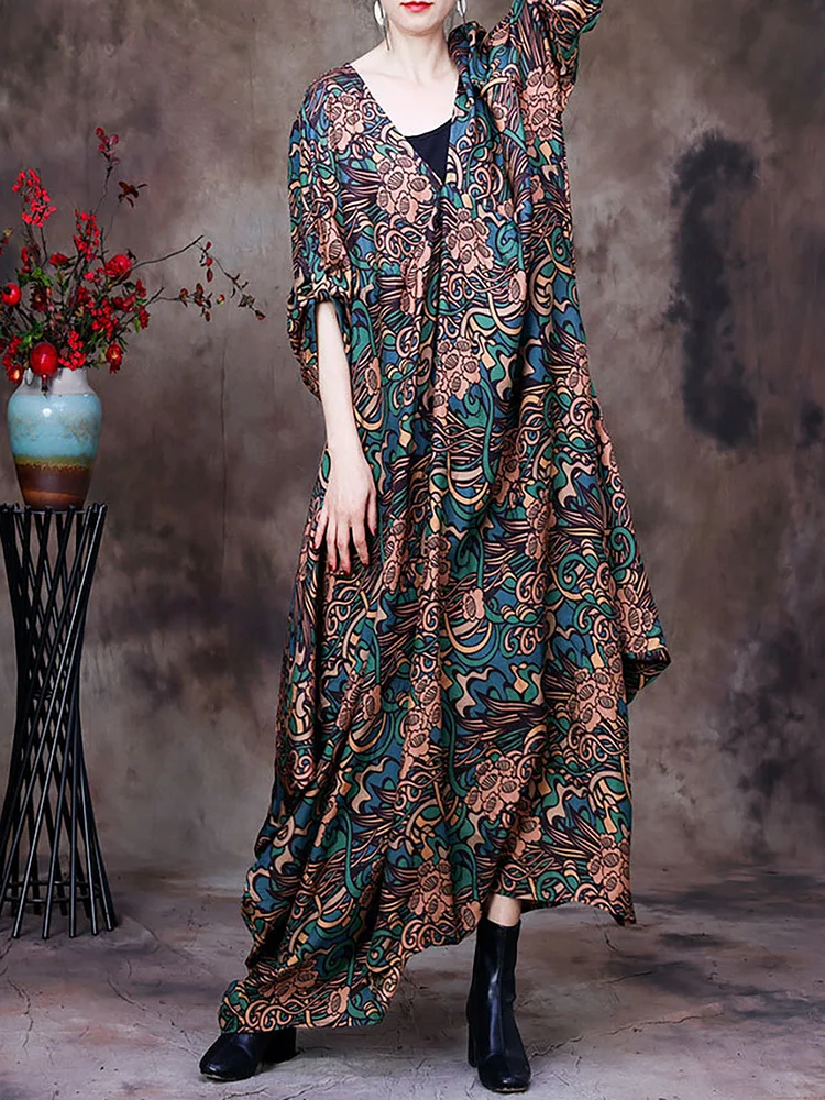 Floral V Neck Summer Vintage Roomy Maxi Dress