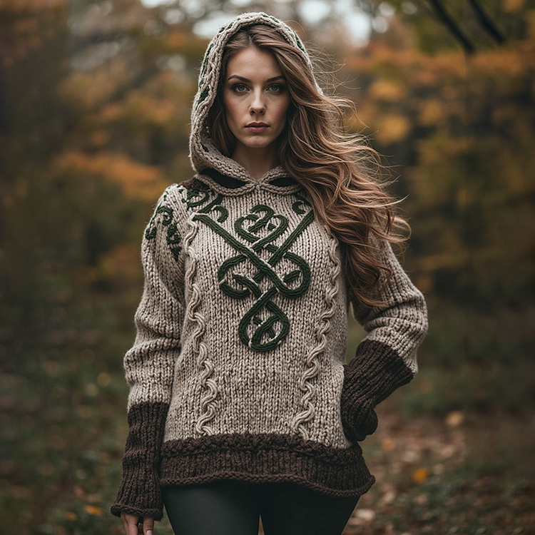 Women's Celtic Knot Thick Rope Braid Hooded Sweater