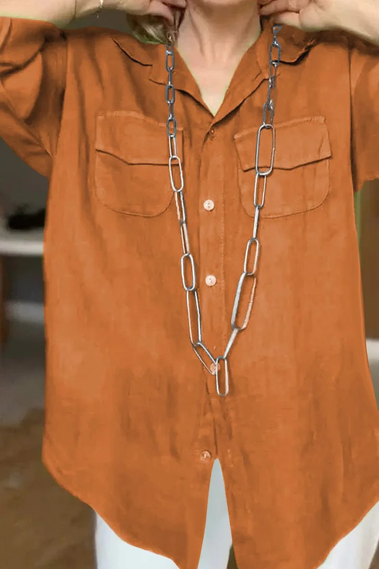 Lapel Collar Roll Sleeve Button Up Pocket Plain Casual Shirt
