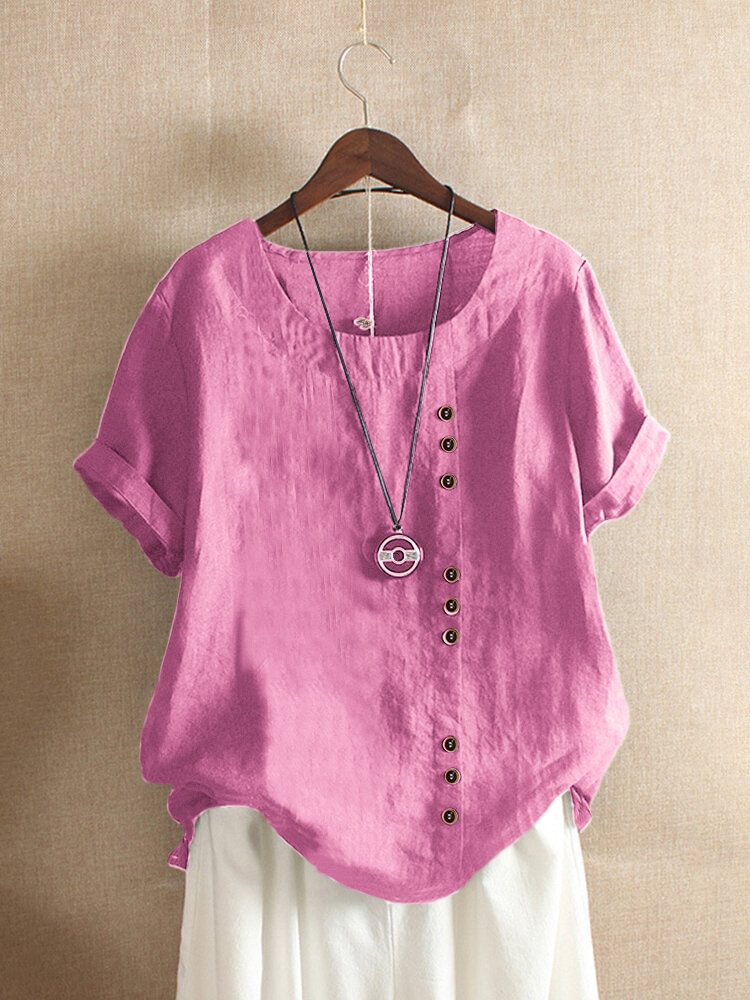 Solid Color Button Short Sleeve Crew Neck T shirt For Women P1651757