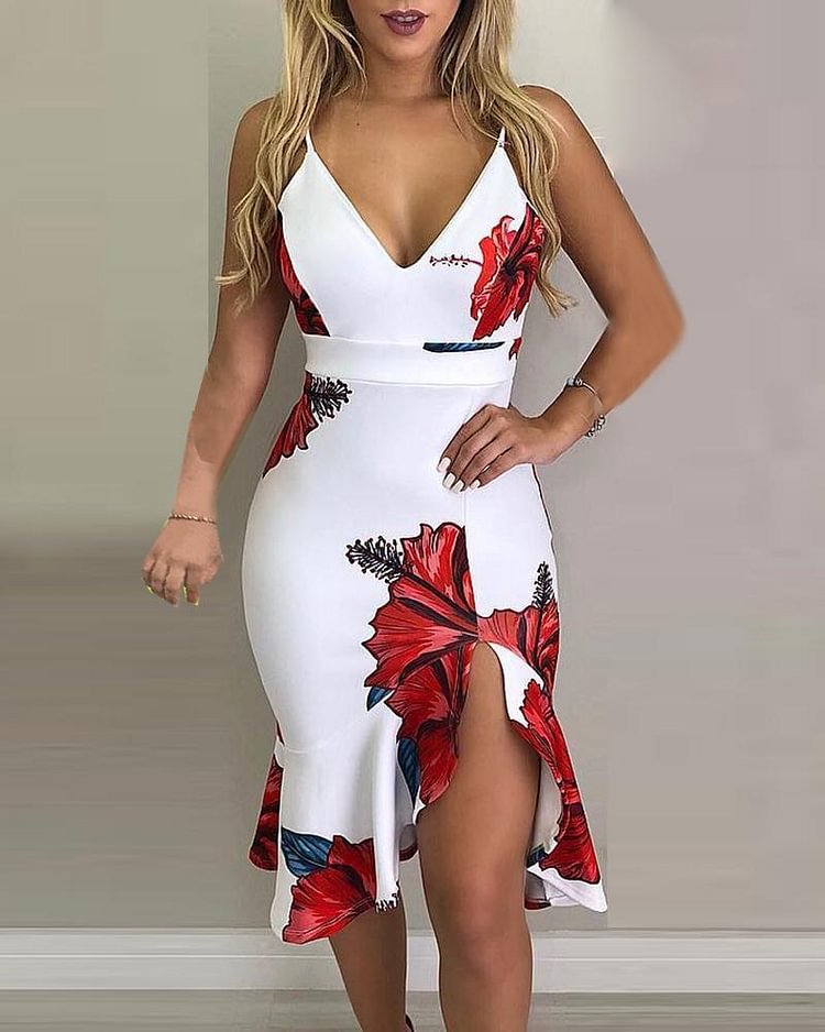 Spaghetti Strap Floral Print Slit Ruffles Dress P15371