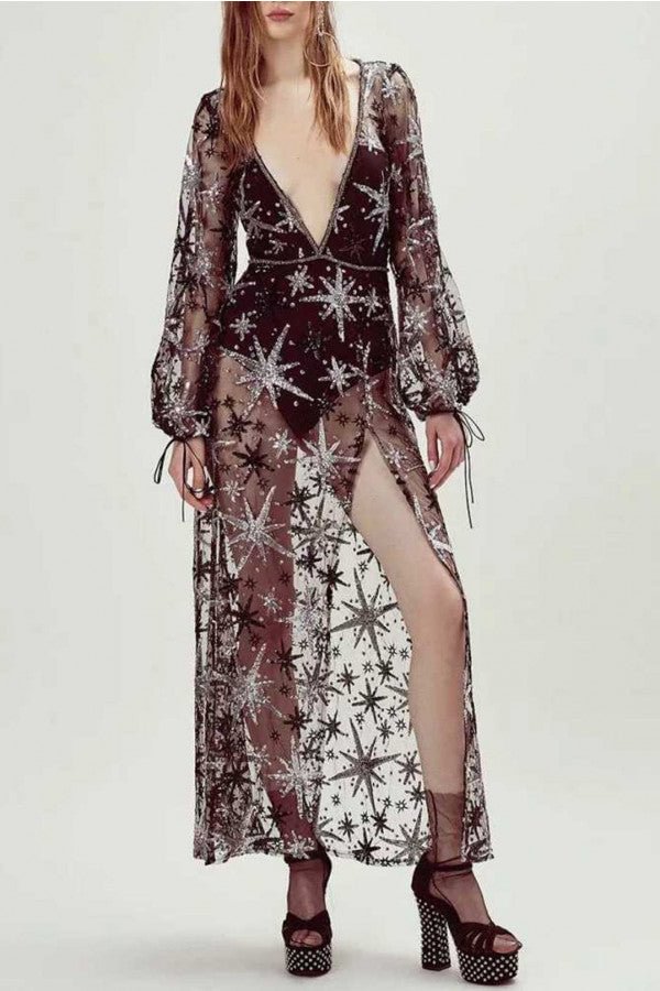 Plunge Neck Slit Embroidered Sheer Dress - BlackFridayBuys