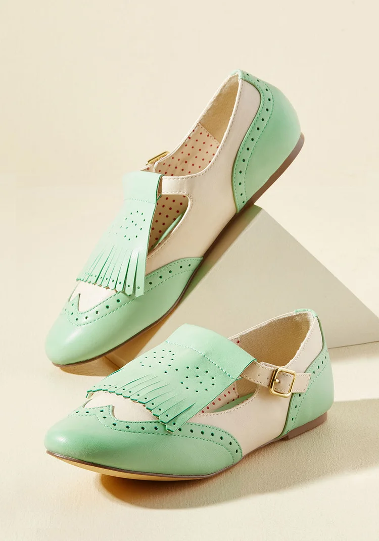 Mint Green & White Brogue Inspired Vintage Shoes Fringe Buckled Flats |FSJ Shoes