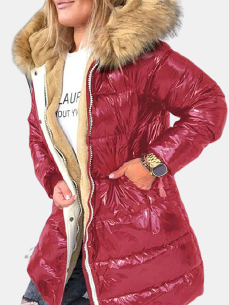 Fleece Hooded Solid Color Long Sleeve Thick Casual Coat For Women