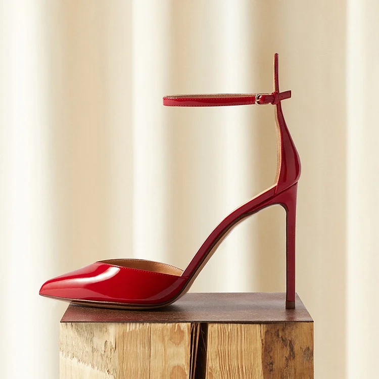 FSJ Red Patent Leather Stiletto Heels Ankle Strap Pointy Toe Pumps |FSJ Shoes