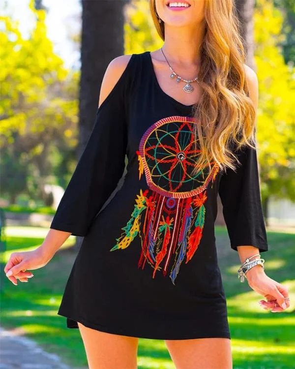 casual 3 4 sleeve round neck plus size printed dress p261168