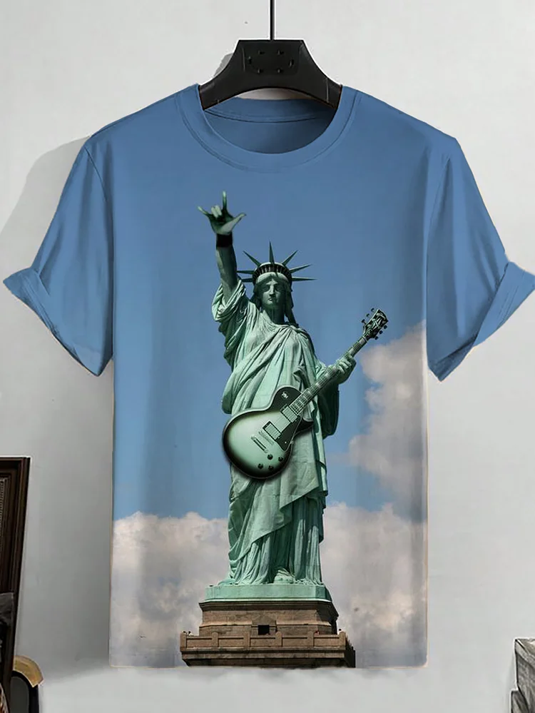 Men's Statue Of Liberty Rock Guitar Print Funny T-Shirt