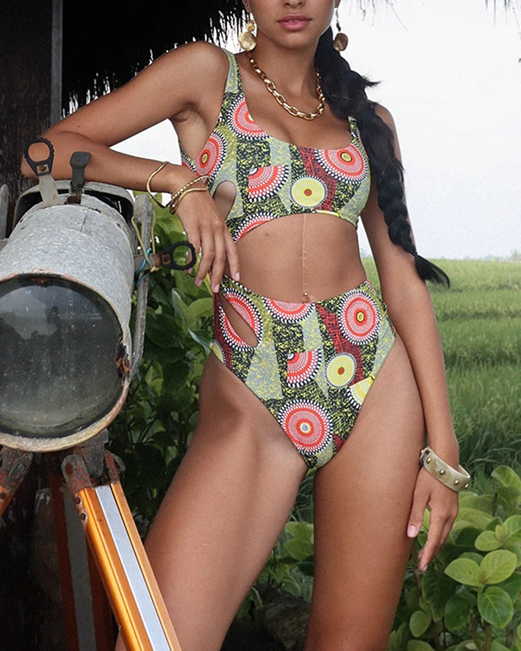 Women's printed hollow one-piece swimsuit