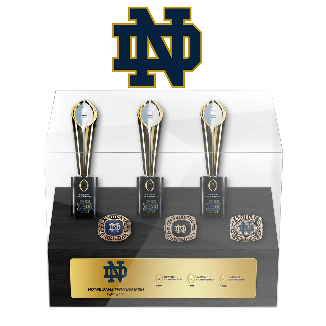 Notre Dame Fighting Irish College NCAA Football Championship Trophy And Ring Display Case
