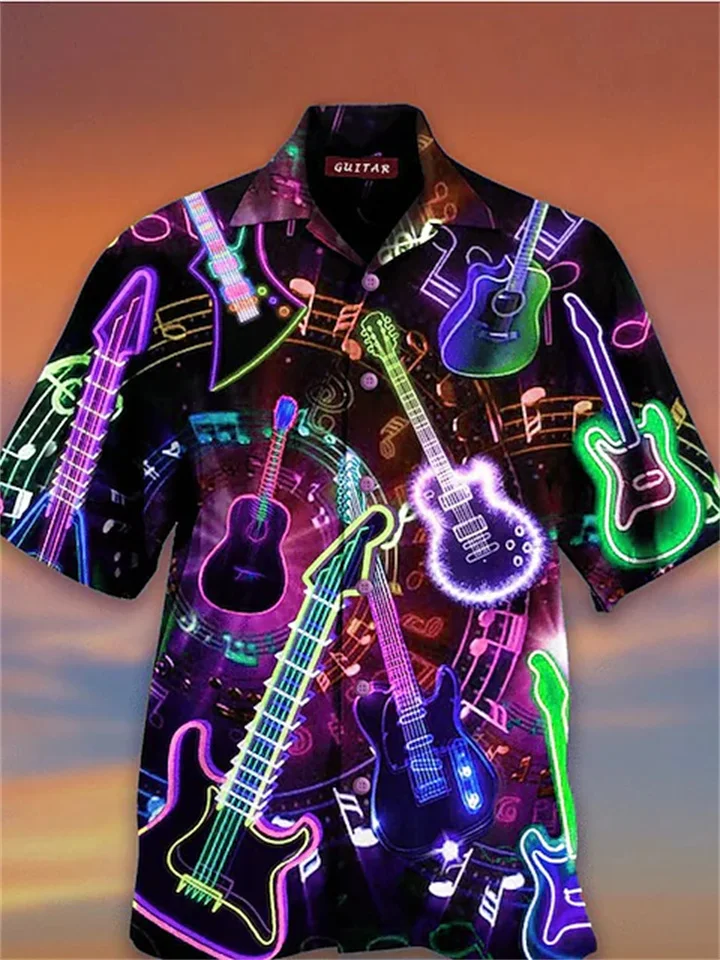 Men's Shirt Camp Shirt Graphic Shirt Aloha Shirt Musical Instrument Turndown Green Black Blue Purple Gray 3D Print Holiday Short Sleeve 3D Print Clothing Apparel Designer Beach-Cosfine