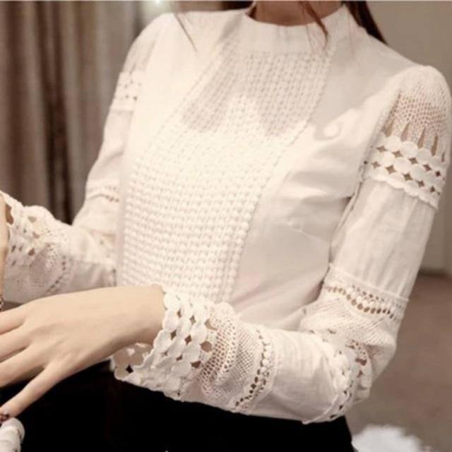 Lace Chiffon Blouse Women Shirt Plus Size Casual ladies long sleeve Womens Tops and Blouses S-5XL Hook Flower Hollow