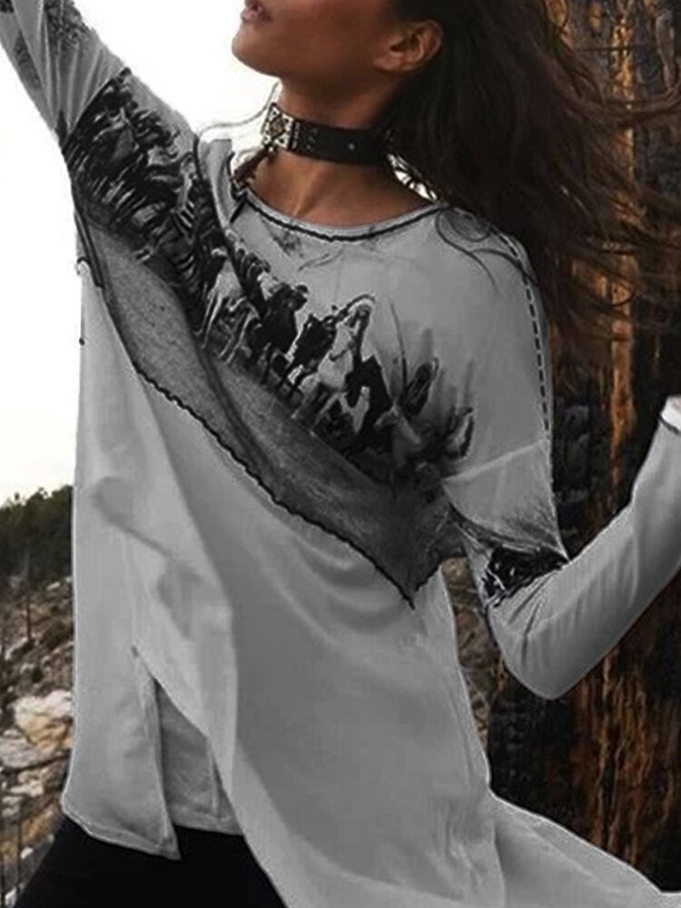 Vintage Print Patchwork Long Sleeve Blouse For Women P1745985