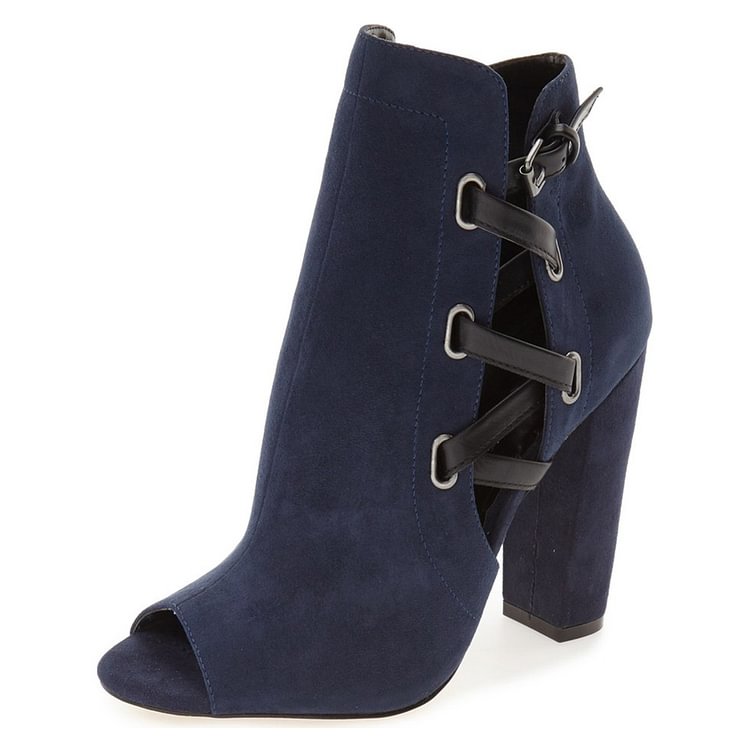 Women's Navy Peep Toe Suede Lace Up Short Chunky Heel Boots |FSJ Shoes