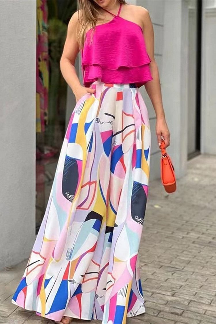 Fashion Casual Print Bandage Backless Halter Sleeveless Two Pieces - Life is Beautiful for You - SheChoic