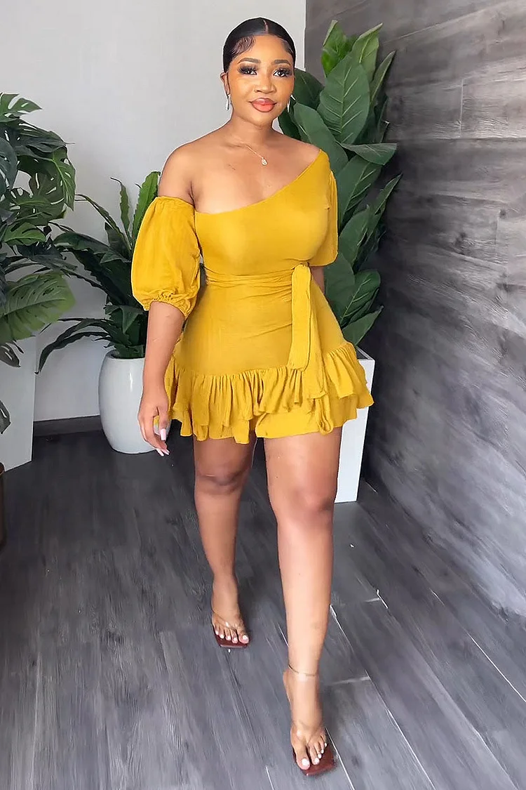 Irregular One Shoulder Puff Sleeve Ruffled Trim Mini Dresses