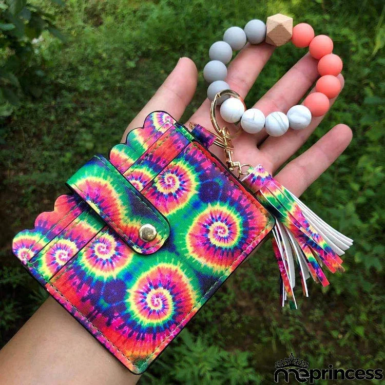 Women Fashion Silicone Wooden Beads Wrist Tassel Coin Purse Keychain Pendant