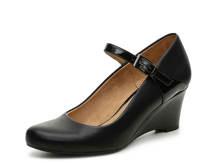 Black Commuting Wedge Heels Mary Jane Shoes for Office Lady |FSJ Shoes