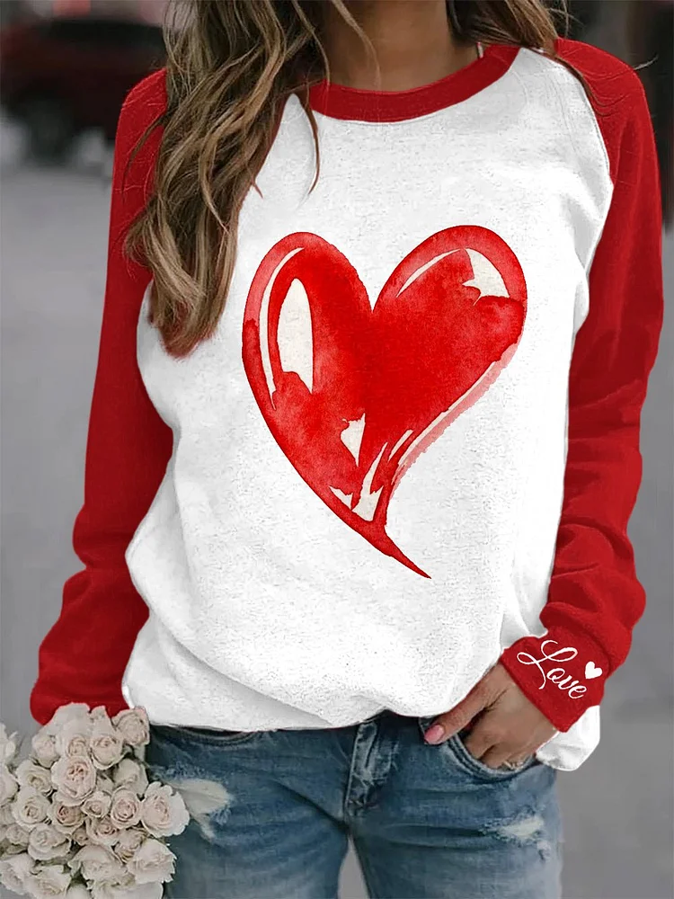 Women's Love Heart Print Casual Crewneck Sweatshirt socialshop
