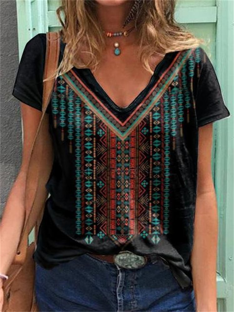 Comstylish Ethnic Aztec Graphic V Neck T Shirt