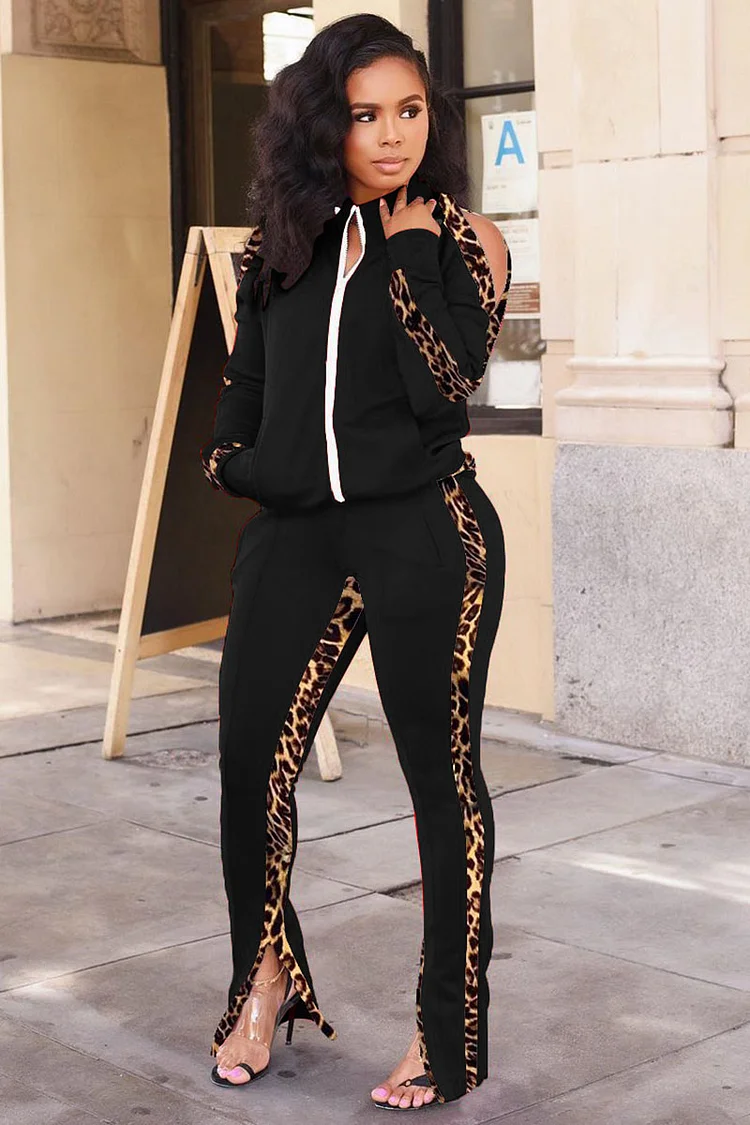 Leopard Patchwork Zip Cold Shoulder Long Sleeve Top Pants Matching Set-Black