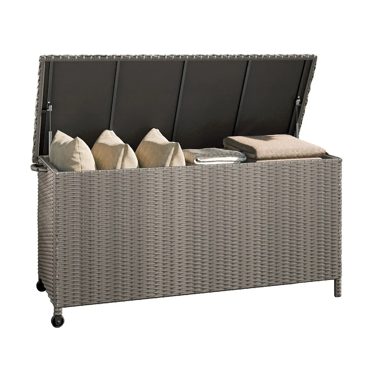 108 Gallons Large Outdoor Wicker Storage Box with Lid for Cushions Greige