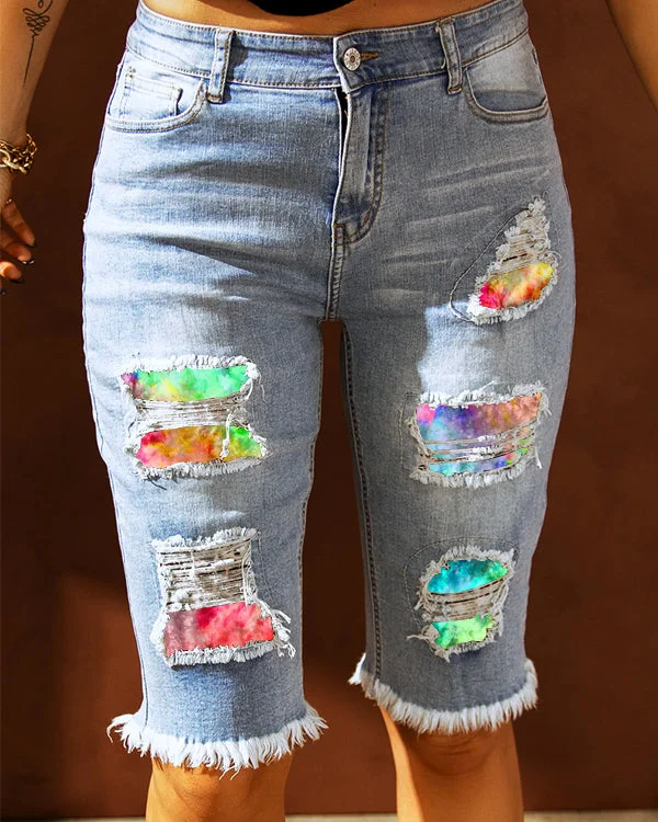 MID-RISE RIPPED PATCHES DENIM BERMUDA SHORTS