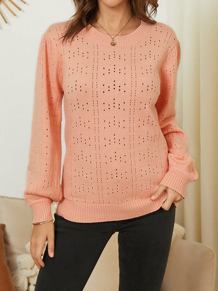 Solid Hollow Long Sleeve O-neck Knitted Pullover Sweater