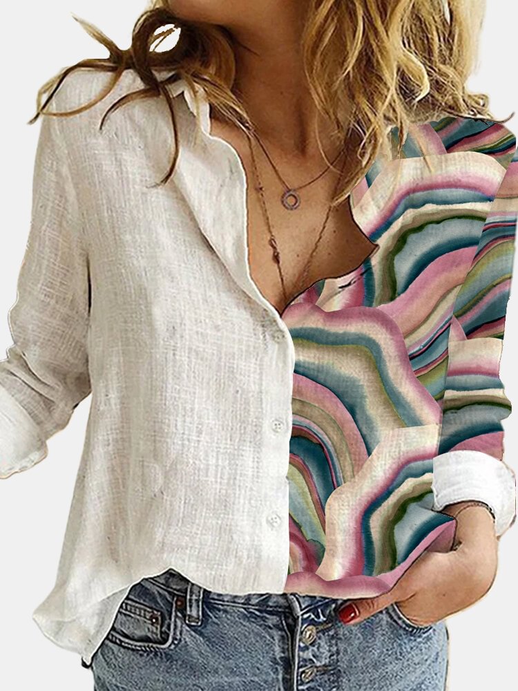 Landscape Printed Long Sleeve Turn down Collar Patchwork Blouse For Women P1745332