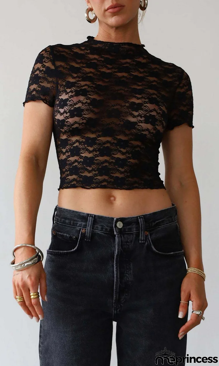 Women Fashion Edgy Solid Color Lace Short Sleeve Crop Top