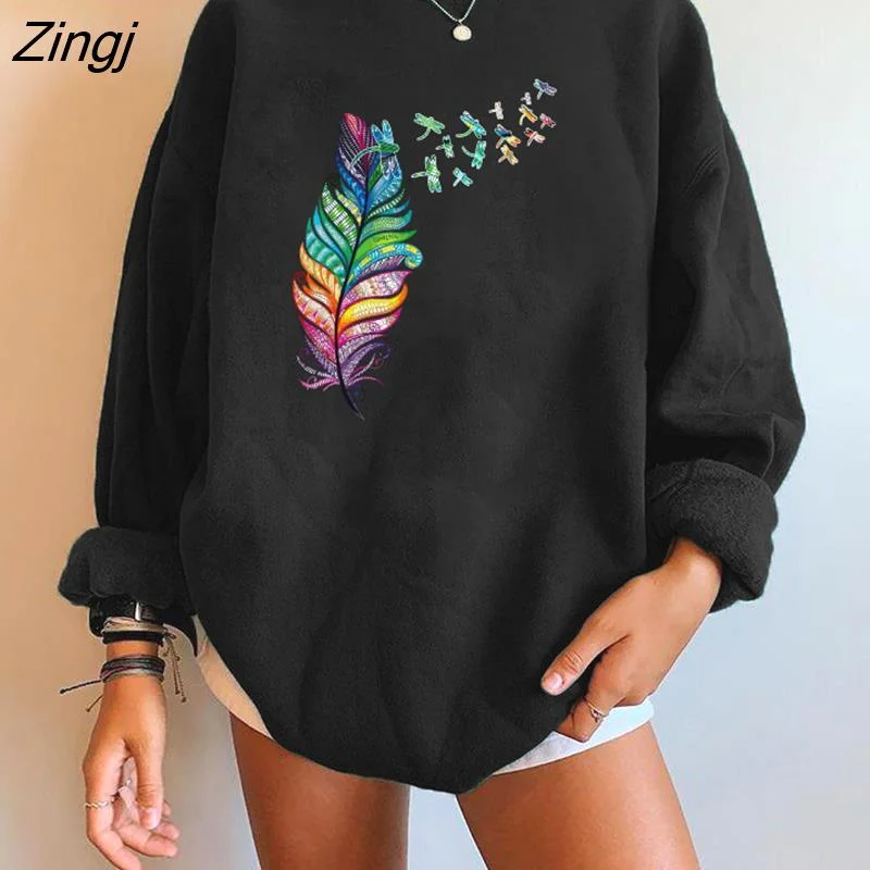 Zingj Drop-shoulder Women Sweatshirts Color Vintage Feather Dragonfly Funny Streetwear Sweatshirts Pullovers Tops Clothes