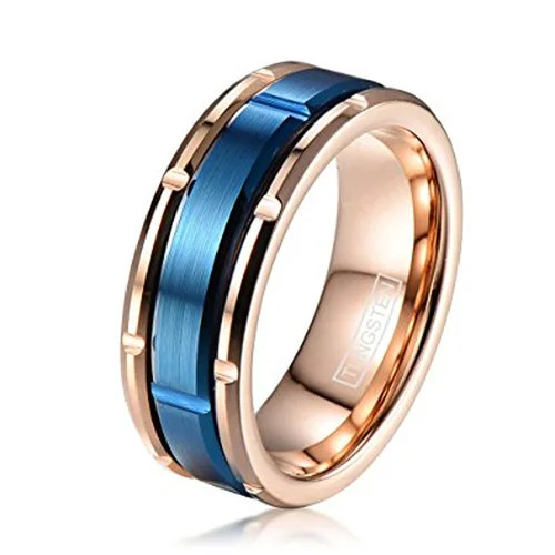 Women's or Men's Tungsten Carbide Wedding Bands Rings-Rose Gold Band with Middle Blue Brick Pattern,High Polish Sides with Matte Finish Center,Grooved and Comfort Fit With Tungsten Ring Mens And Womens For 4MM 6MM 8MM 10MM