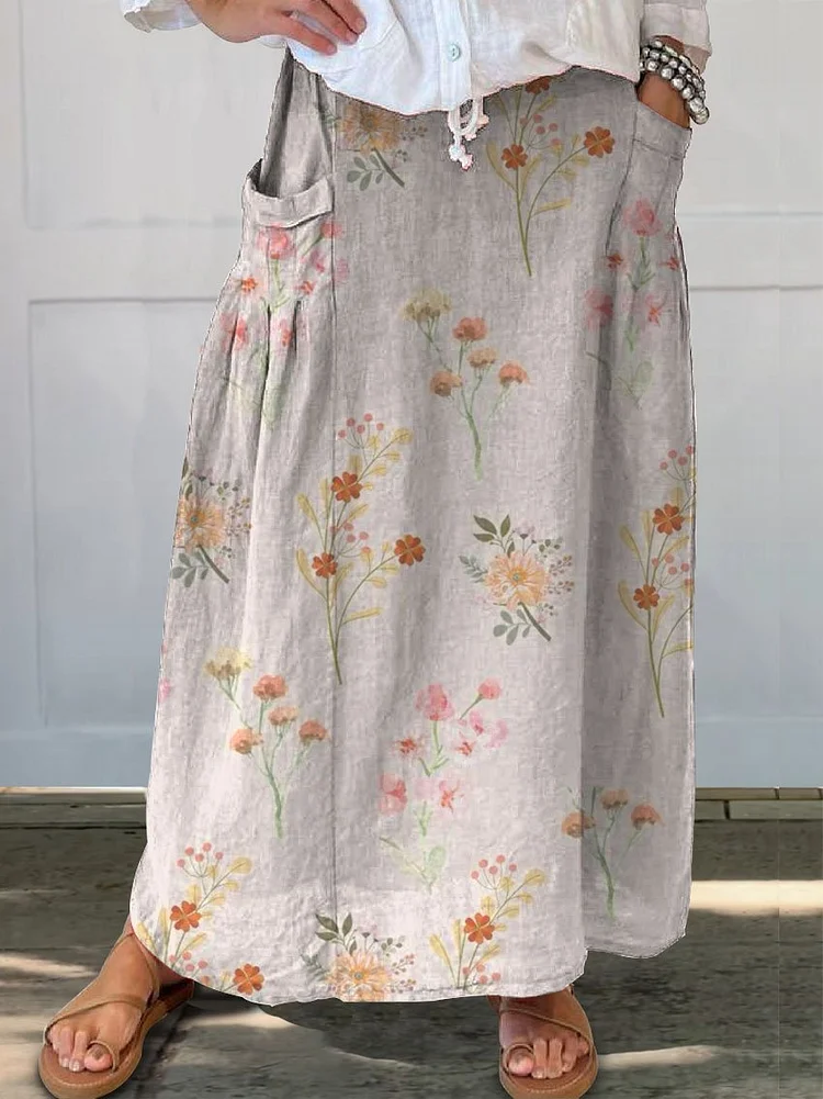Women's  Floral Print Linen Pocket Skirt