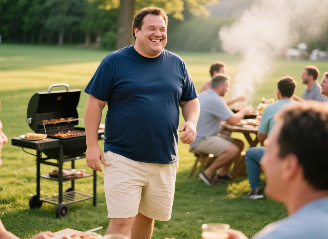 A big man having BBQ in short set