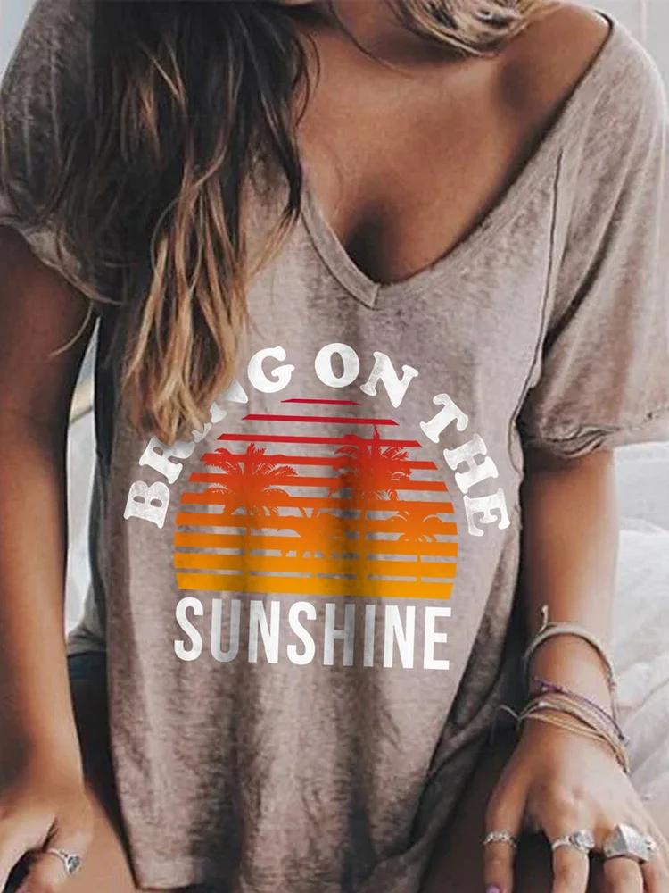 Bestdealfriday Bring On The Sunshine Graphic Short Sleeve V Neck Loose Tee 11365046