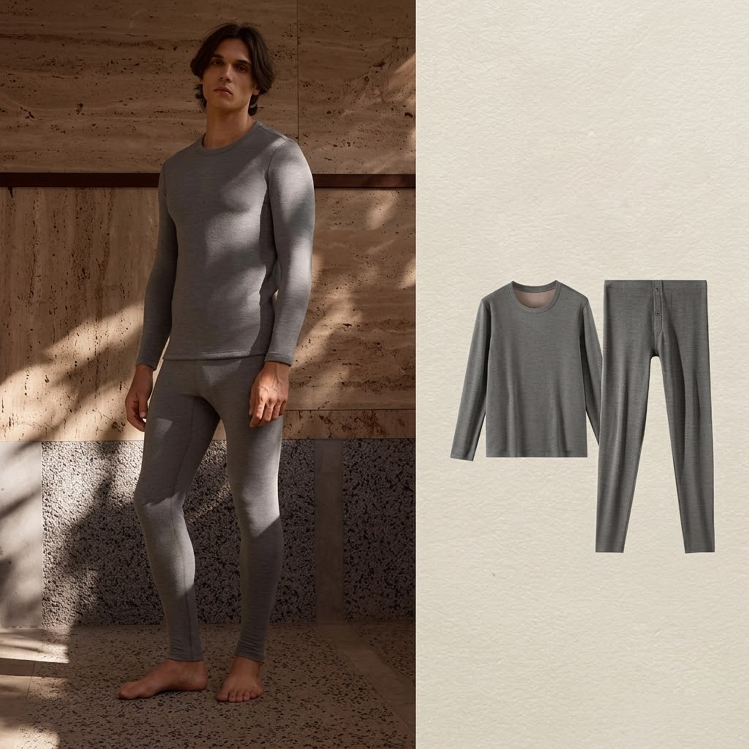 Men's Thermal Underwear Base Layer Set with Silk Cashmere Blend Inner Layer REAL SILK LIFE