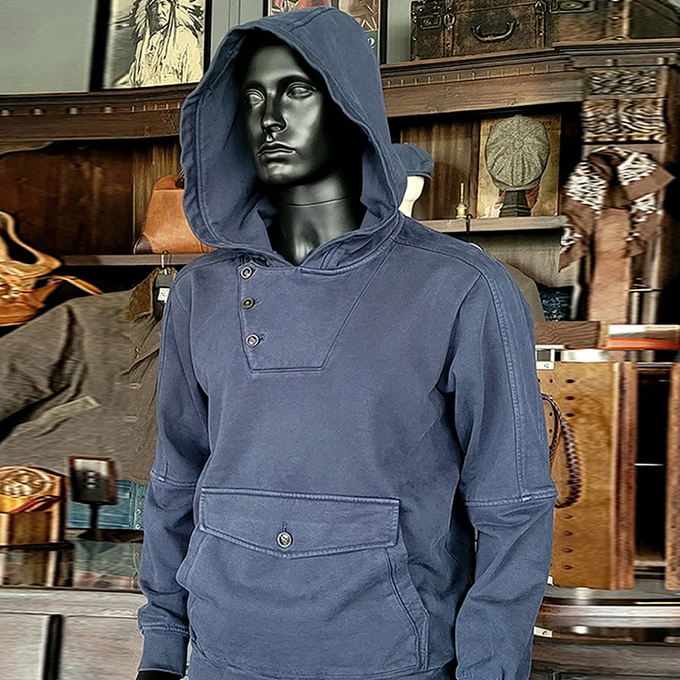 TIMSMEN Retro Washed Distressed Cotton Hooded Pullover Half Open Collar Casual Sweatshirt