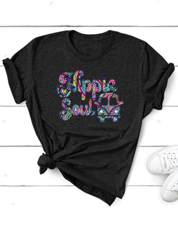 Colorful Letter Print Short Sleeve O neck Casual T shirt For Women P1706552