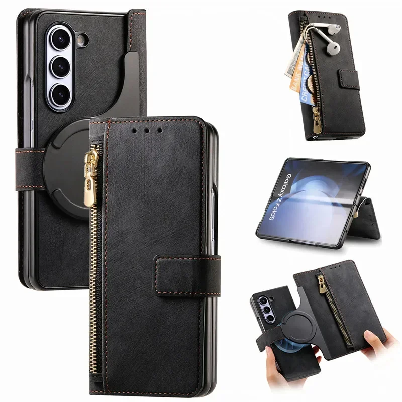 Luxury Retro Leather 2 in 1 Magsafe Magnetic Wireless Charging Phone Case With Removable 3 Cards Slot,Zipper Slot And Kickstand For Galaxy Z Fold3/Z Fold4/Z Fold5