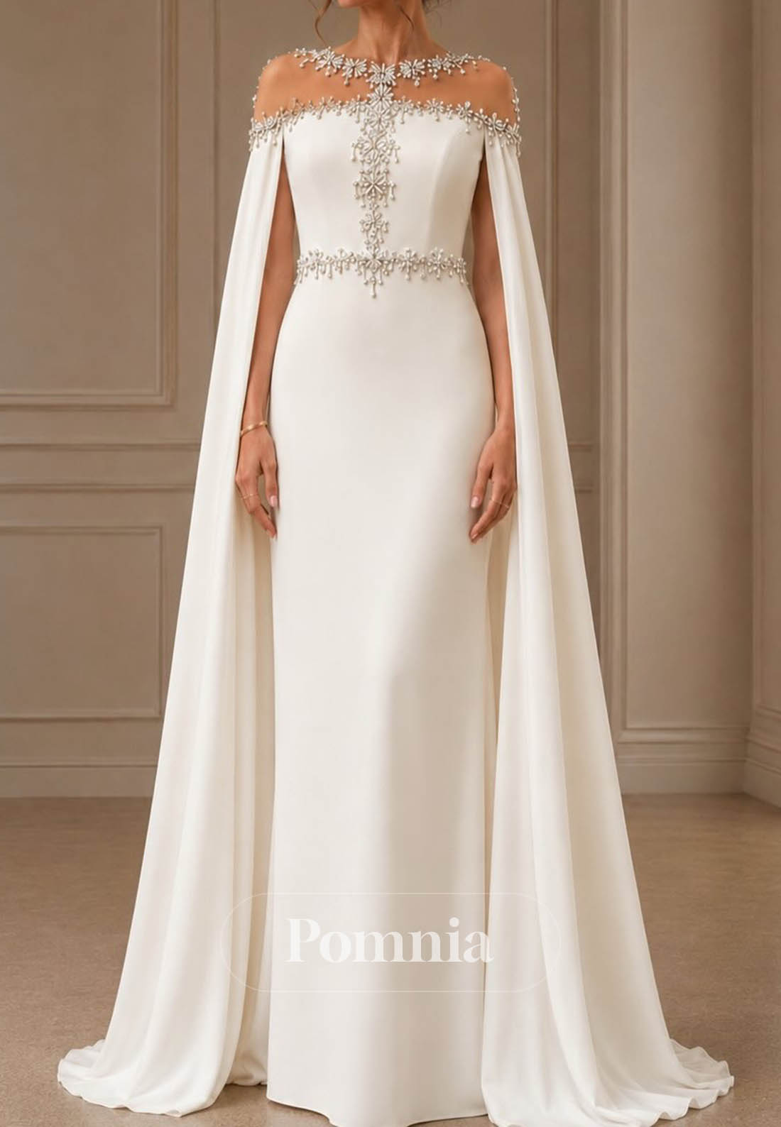 beaded illusion and crepe sheath wedding dress with Cape noproductdetails ra_RB2185 Fabric File:Taylor Swift Eras 08092023-581 Size:M (36-37 sleeve length)