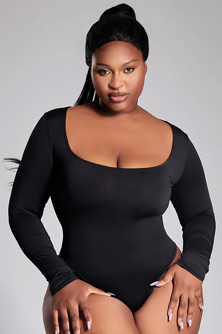 Plus Size Casual Bodysuit Black Square Neck Long Sleeve Knitted Bodysuit [Pre-Order]