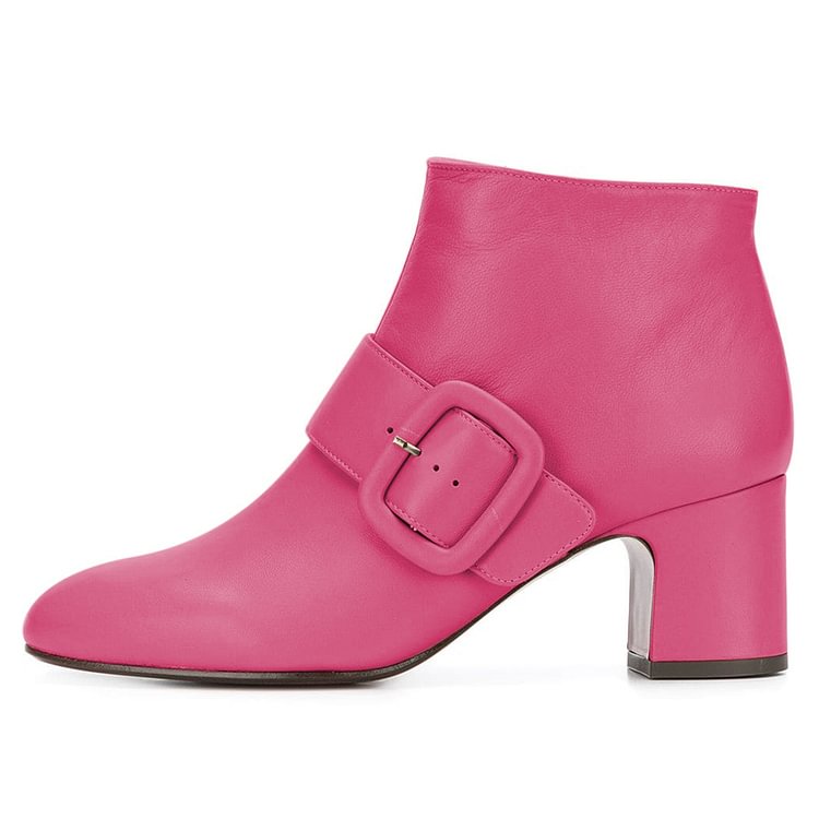 Red Buckle Block Heel Ankle Booties |FSJ Shoes