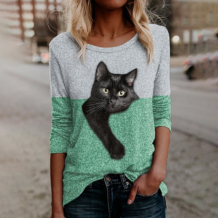 Comstylish Contrast Panel Cat Print Long Sleeve Casual T-Shirt