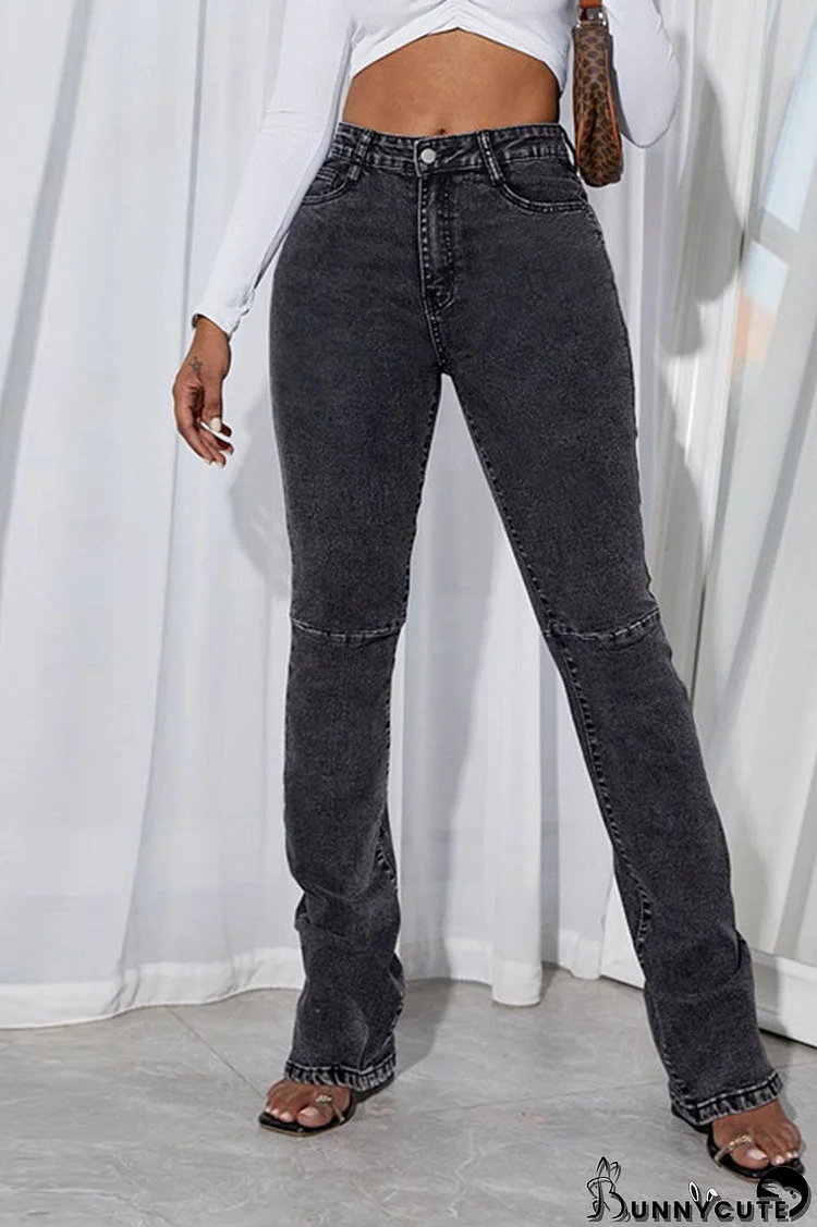Black Gray Casual Solid Split Joint Slit High Waist Straight Denim Jeans