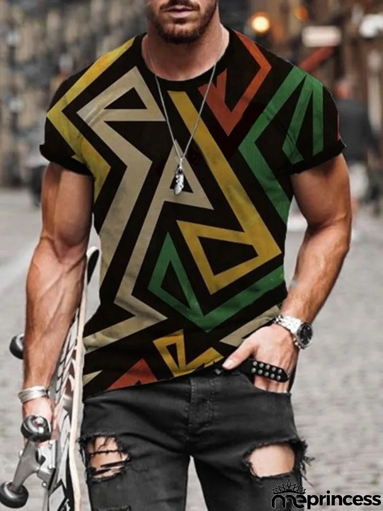 Men Plus Size Bohemia Short Sleeve Round Neck Pattern Printing Color Blocking T-shirt