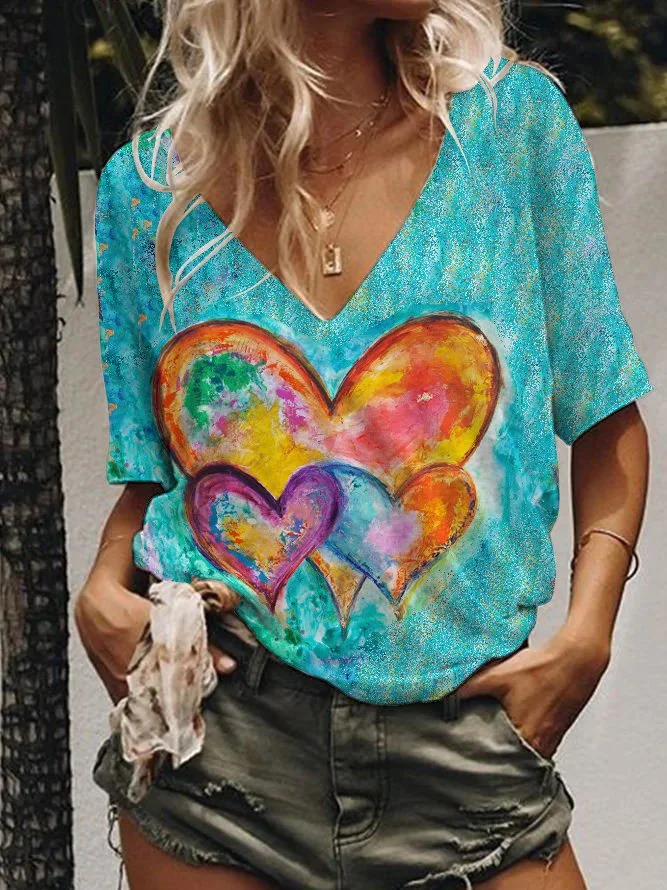 Bestdealfriday Valentine's Day Color Heart Shaped Oil Painting Graphic Tee