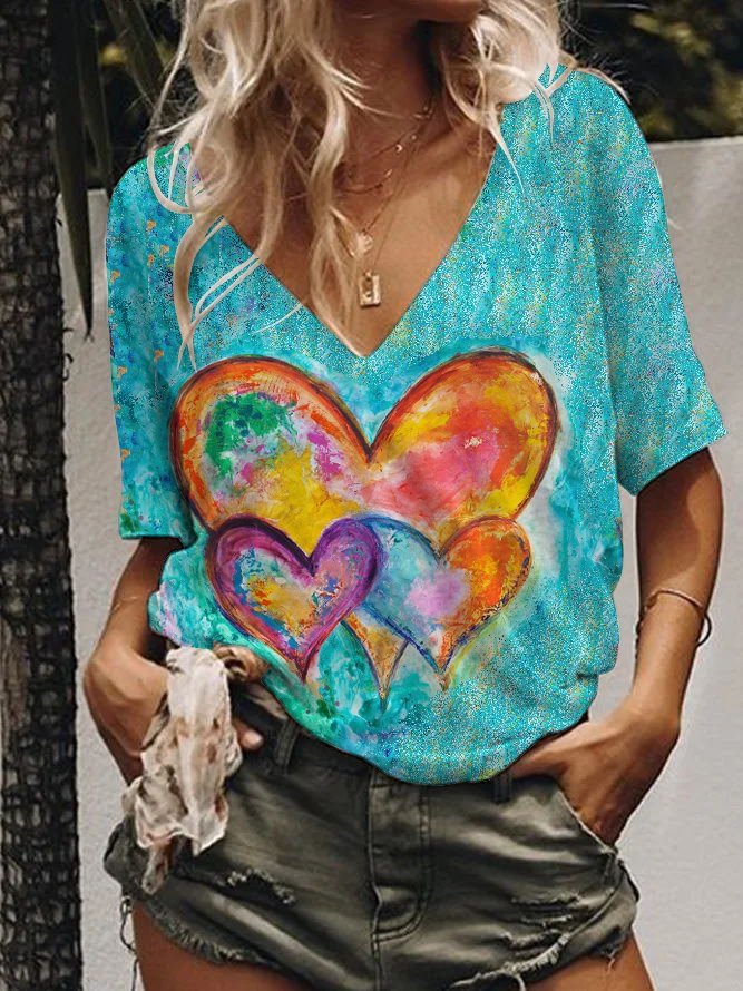 Bestdealfriday Valentine's Day Color Heart Shaped Oil Painting Graphic Tee